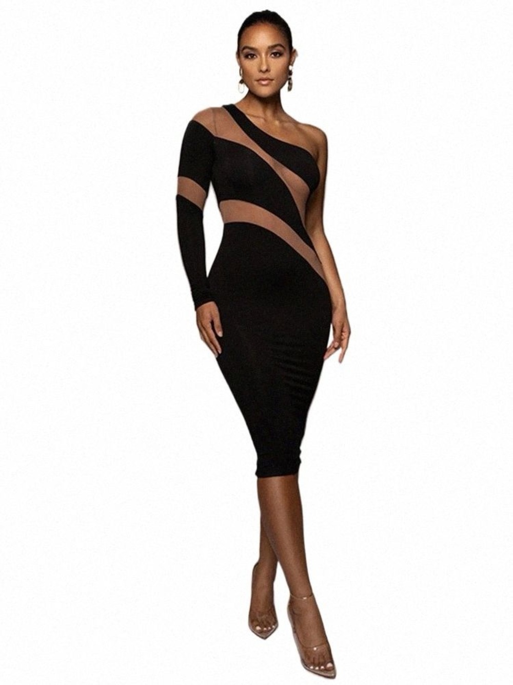 Fashion Nova One-Shoulder Black Mesh-Inset Bodycon Dress